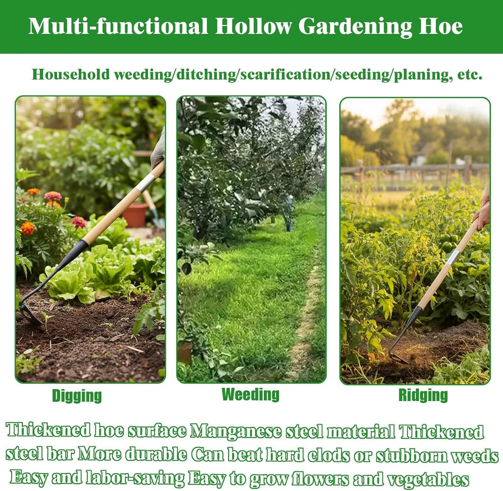 Gardening Tools Hollow Hoe, All-Steel Hardened Hollow Hoe with 55 Inch Long Handle, Sharp Edge Garden Weeding Tools, Garden Weeder Tool Shovel Weed Puller for Backyard Loosening Farm Planting Weeding