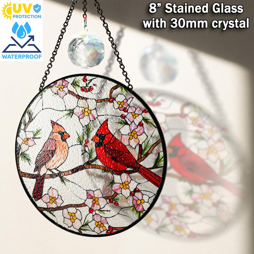 7.8" Cardinal Stained Glass Suncatcher, Cardinal Suncatcher Red Bird Window Hanging, Sun Catcher Red Birds for Window, Cardinals Gifts for Women, Mom, Memorial Gift for Father, Dad BIRD-22B-SG8