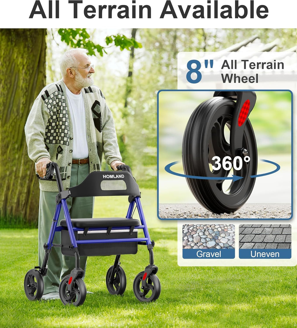 HOMLAND Foldable Rollator Walkers with Seat for Seniors, 8'' Big Wheels, 350 lb. Weight Capacity, Adjustable Handles and Seat Height, Lightweight Rolling Walker, Blue