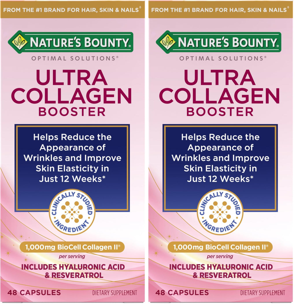 Nature's Bounty Optimal Solutions Ultra Collagen Booster for Healthy-Aging Supplement, Resveratrol, Hyaluronic Acid – Collagen Capsules for Women, 48 Capsules (Pack of 2)