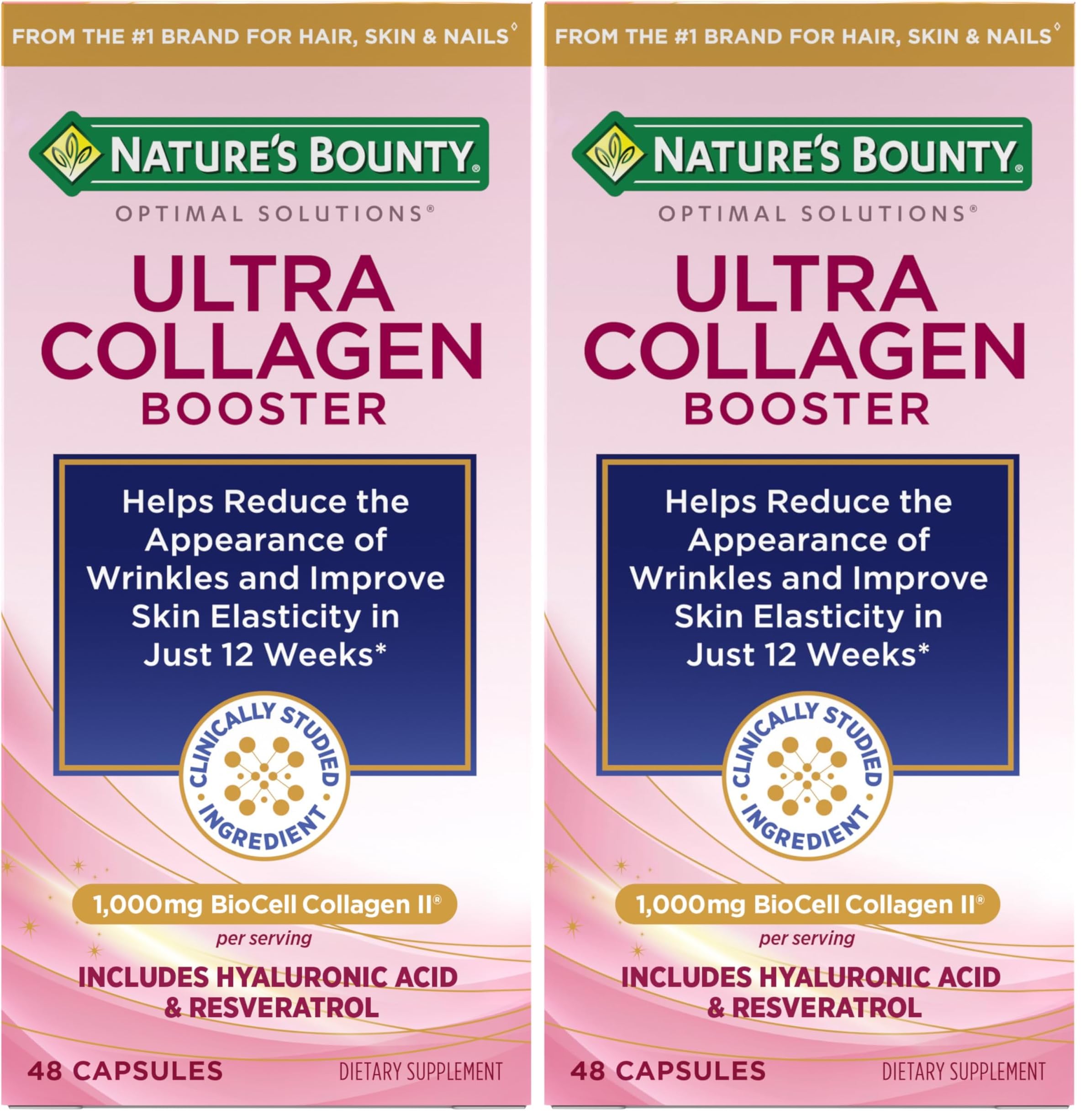 Nature's Bounty Optimal Solutions Ultra Collagen Booster for Healthy-Aging Supplement, Resveratrol, Hyaluronic Acid – Collagen Capsules for Women, 48 Capsules (Pack of 2)