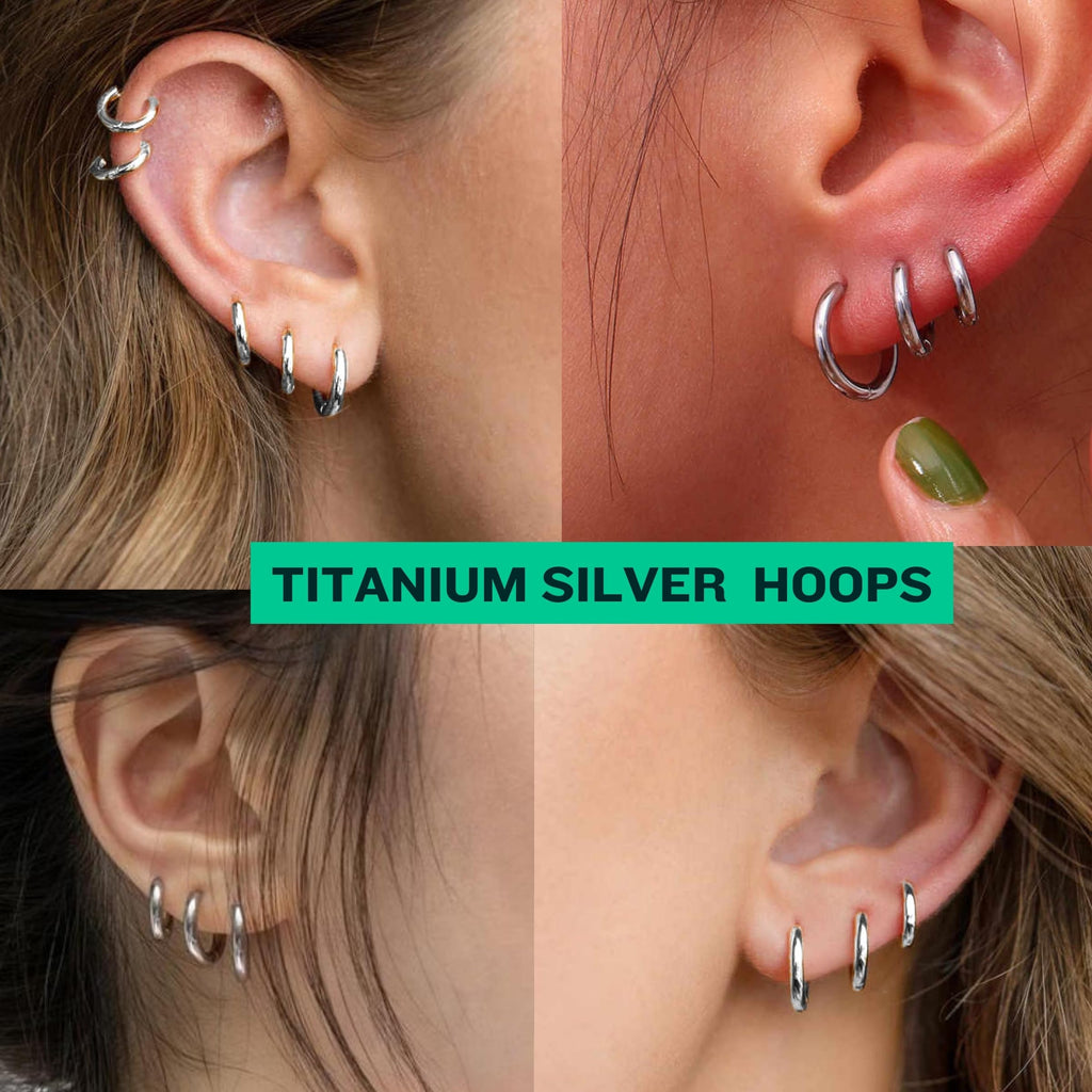 BLISI 3 Pairs ASTM F136 Titanium Silver Hoop Earrings 8mm/10mm/12mm Thick Lightweight Huggie Hoops Earrings for Women Hypoallergenic Sleeper Earrings for Sensitive Ears