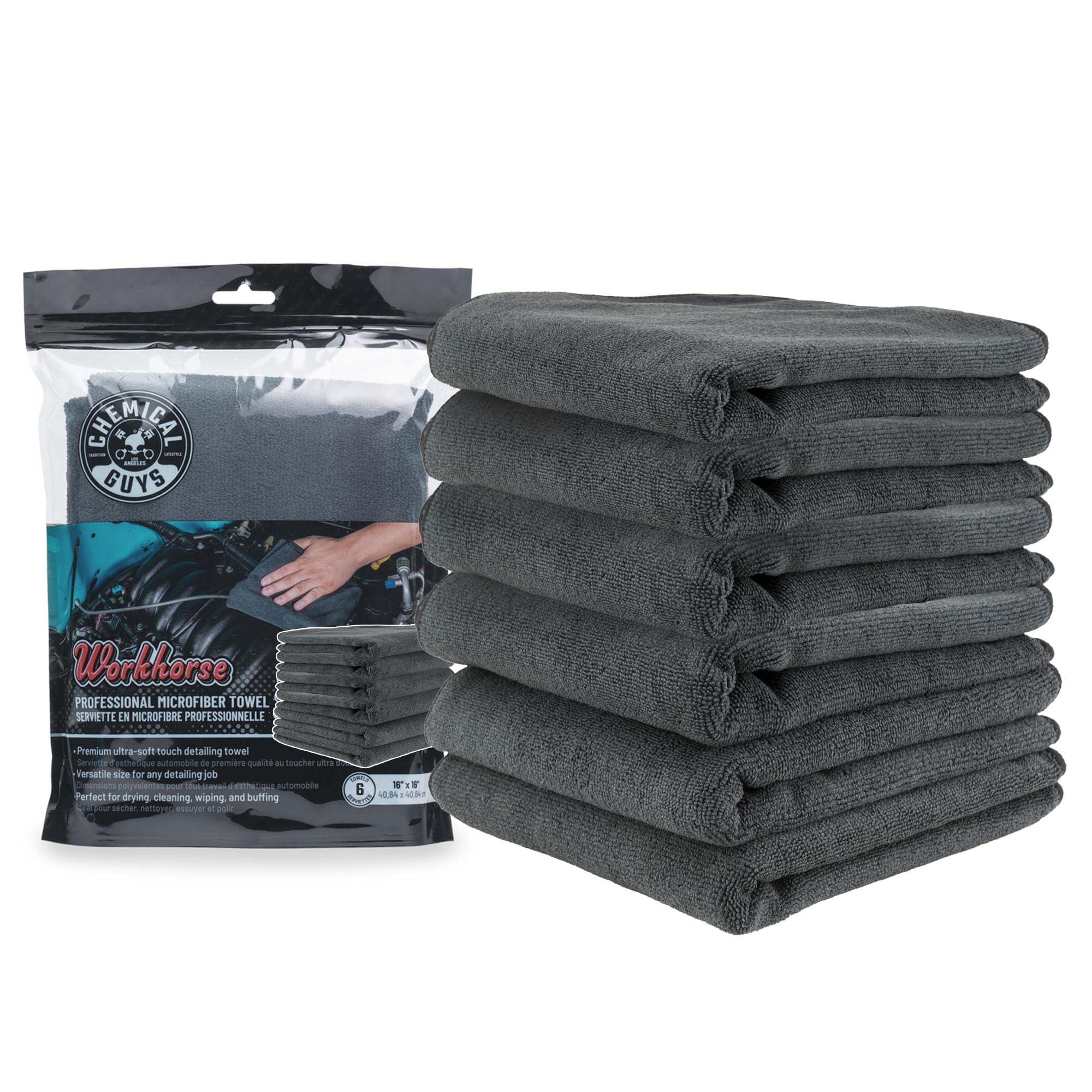 Chemical Guys MIC35306 Workhorse Professional Grade Microfiber Towel, Black (16 in. x 16 in.) (Pack of 6)
