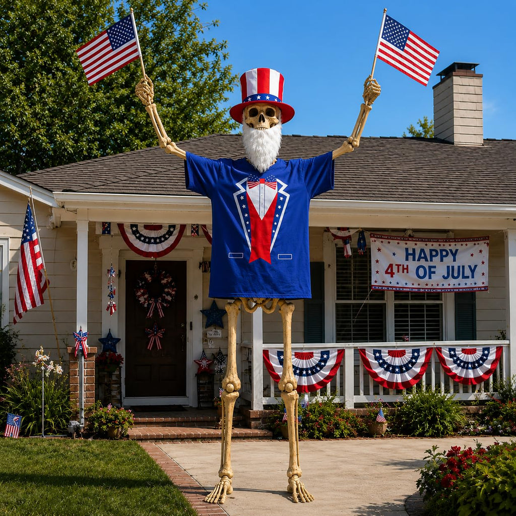 JcHrmers 12 ft Skeleton Patriotic Outfits 4th of July Skeleton Tuxedo T-Shirt Clothes with Hat Flags Beard Funny Giant Skull Clothing for Independence Day Summer Holiday Outdoor Decor