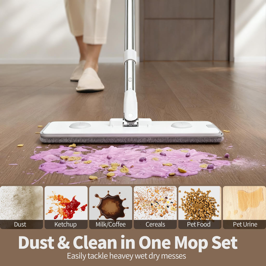 POPMOP Mop and Bucket Set, Flat Mop and Bucket System, Mop Bucket with Wringer, Wall Mop with Adjustable Handle (Max 61 Inches), 5 Washable Microfiber Mop Pads