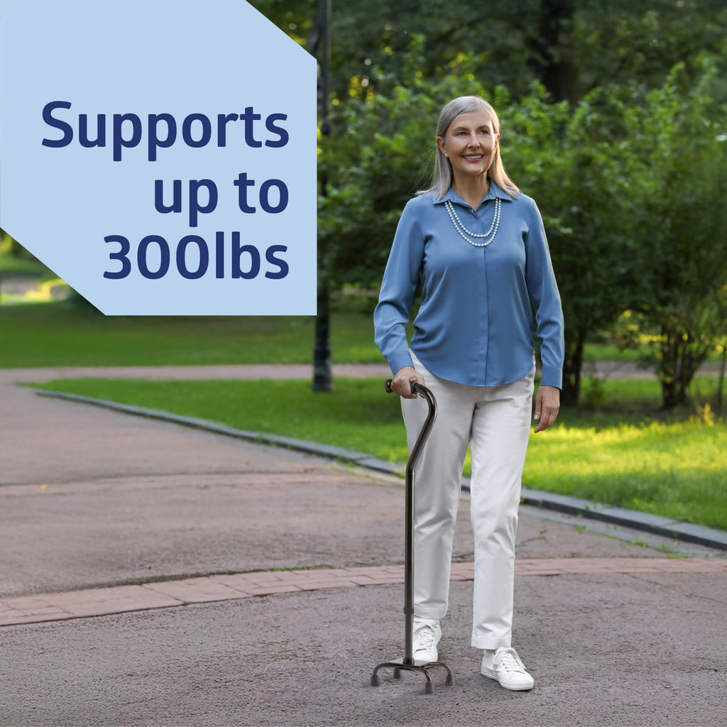 Medline Aluminum Quad Cane with Small Base for Balance, Height Adjustable 29" to 38", Knee Injuries, Surgery Recovery & Mobility, Lightweight Walking Aid for Seniors & Adults, 300 lb Weight Capacity