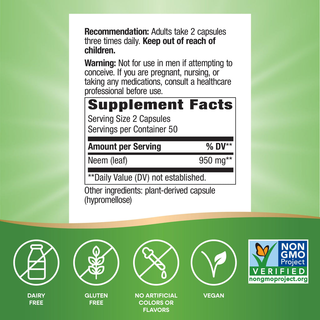 Nature's Way Neem Leaf Capsules,Traditional Intestinal Support*,Used in Ayurveda,950 mg per 2-Capsule Serving,Non-GMO Project Verified,Vegan,(Packaging May Vary),100 Count (Pack of 2)