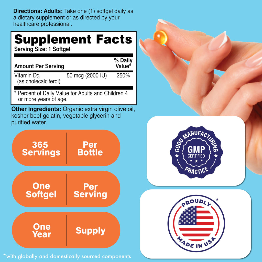 Health Thru Nutrition Vitamin D3 2000iu 365 Mini Softgels for Maximum Benefits | Year Supply | 50mcg Cholecalciferol | 3rd Party Tested | Non-GMO USP Grade in EVOO | Immune Health Support