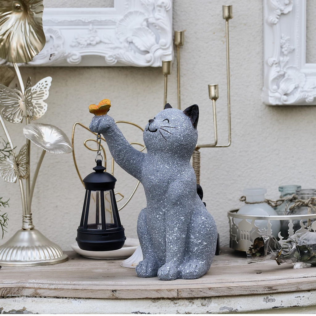 Elegondrar Solar Cat Garden Statue Outdoor Decor, Cat Sculpture with Lantern and Butterfly for Yard Lawn Patio Balcony, Christmas, Birthday Housewarming Gifts for Mom, Grandma, Women, 9.4 inch, Resin
