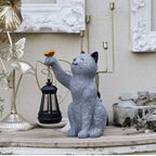 Elegondrar Solar Cat Garden Statue Outdoor Decor, Cat Sculpture with Lantern and Butterfly for Yard Lawn Patio Balcony, Christmas, Birthday Housewarming Gifts for Mom, Grandma, Women, 9.4 inch, Resin
