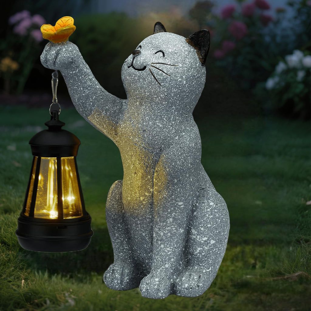 Elegondrar Solar Cat Garden Statue Outdoor Decor, Cat Sculpture with Lantern and Butterfly for Yard Lawn Patio Balcony, Christmas, Birthday Housewarming Gifts for Mom, Grandma, Women, 9.4 inch, Resin