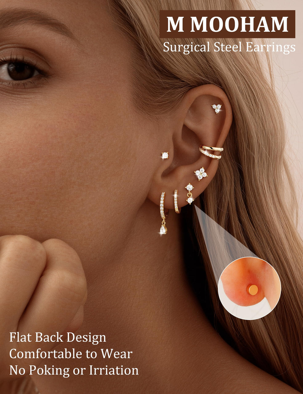 M MOOHAM Flat Back Earring Stacks for Women, Hypoallergenic 14k Real Gold Plated Hoop Stud Cartilage Earrings Stack Set Small Cute Helix Huggie Hoop Drop Earrings Trendy Jewelry Gifts for Women