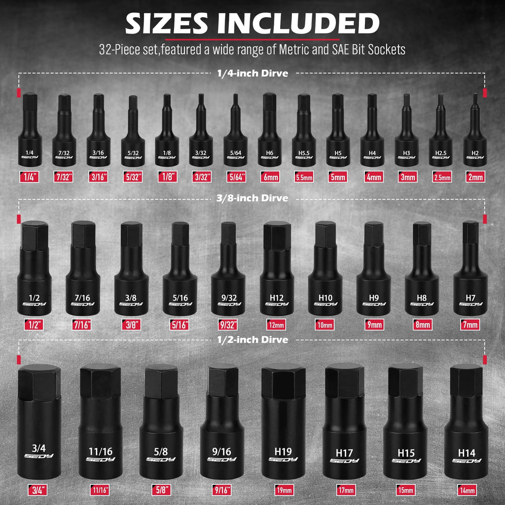 Hex Bit Impact Socket Set: 36-Piece with 4 Adapters, 1/4" 3/8" 1/2" Drive Master Allen Impact Socket Set, SAE and Metric, H5-H19 & 3/4"-5/64", Heavy Duty Storage Case, Automotive Mechanic
