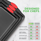 NutriChef 3‑Piece Nonstick Cookie Sheets – Carbon Steel Baking Sheet Set with Non Stick Coating & Red Silicone Handles – Oven Pans for Family Baking