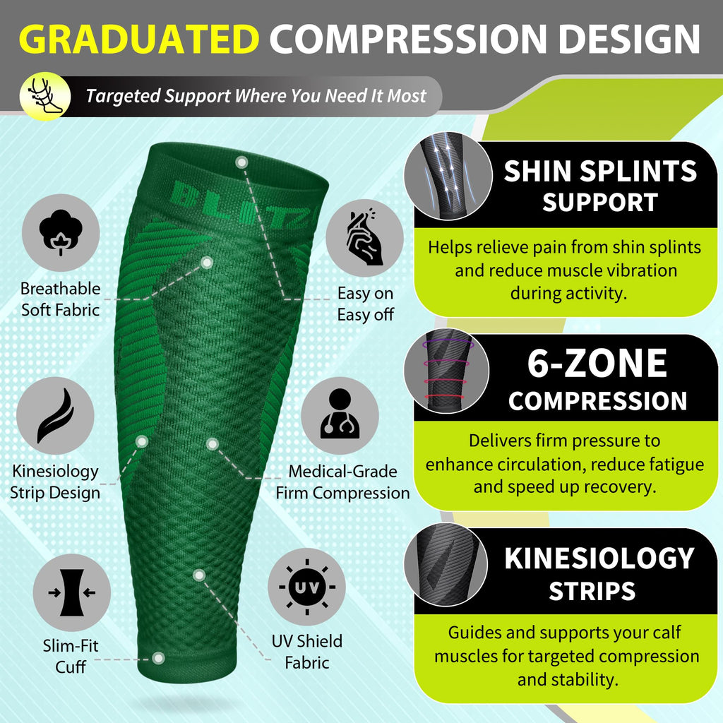 BLITZU Calf Compression Sleeves for Men and Women. Footless Compression Socks Support for Varicose Vein, Nursing, Running. Leg Sleeve Brace for Shin Splints, Pain Relief & Reduces Swelling Green L-XL