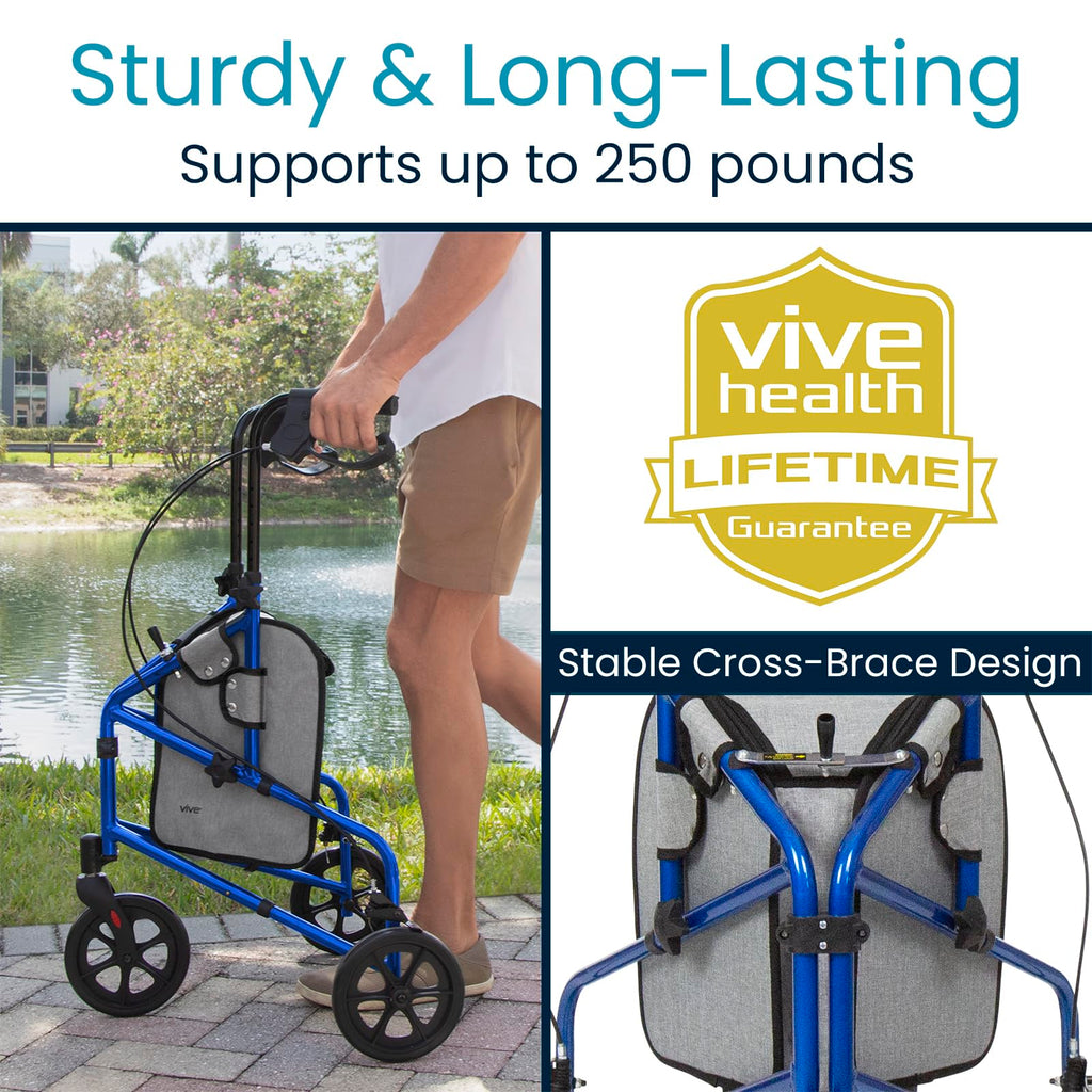 Vive Mobility 3 Wheel Walker - Three Wheeled Rollator for Seniors - Lightweight, Foldable, Narrow, Heavy Duty - for Elderly Men Women - Folding 3-Wheel Tri Scooter with Basket Bag