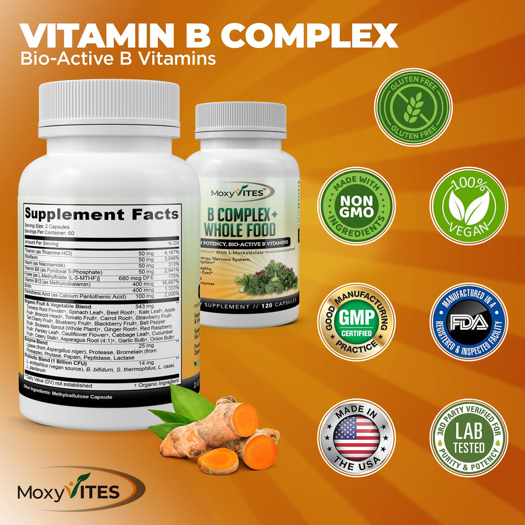 MoxyVites Vitamin B Complex - B Vitamins Whole Food Supplement, B12 Methylcobalamin, B1, B2, B3, B5, B6, B7, B9 - for Stress, Energy and Immune Support, Vegan, 120 Capsules