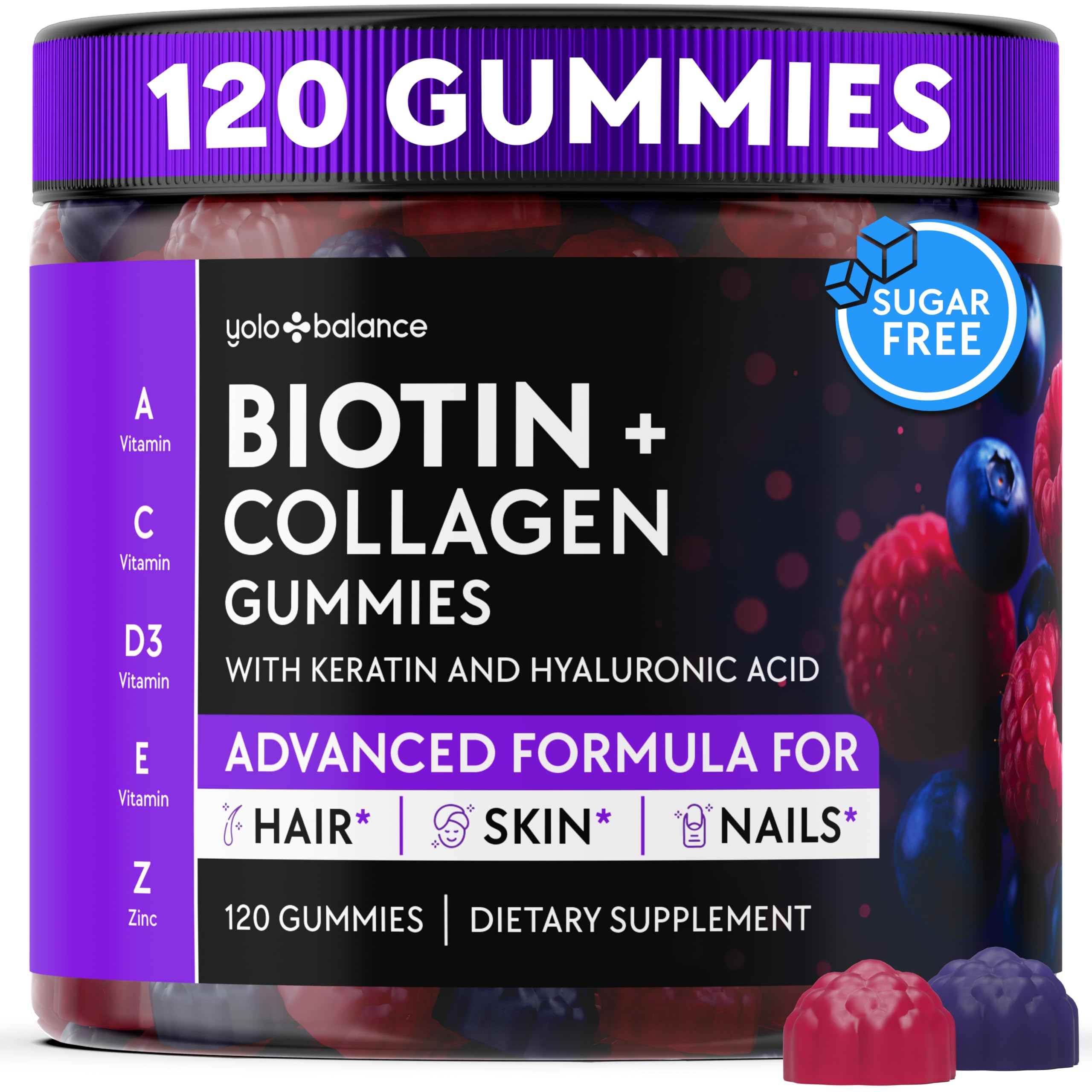 YOLOBALANCE Biotin Gummies 10000mcg for Hair Growth Support - Sugar Free Multi Collagen with Keratin, Silica & Hyaluronic Acid - Pectin Based, Soft Chew Hair Skin and Nails Vitamins - 120 Count