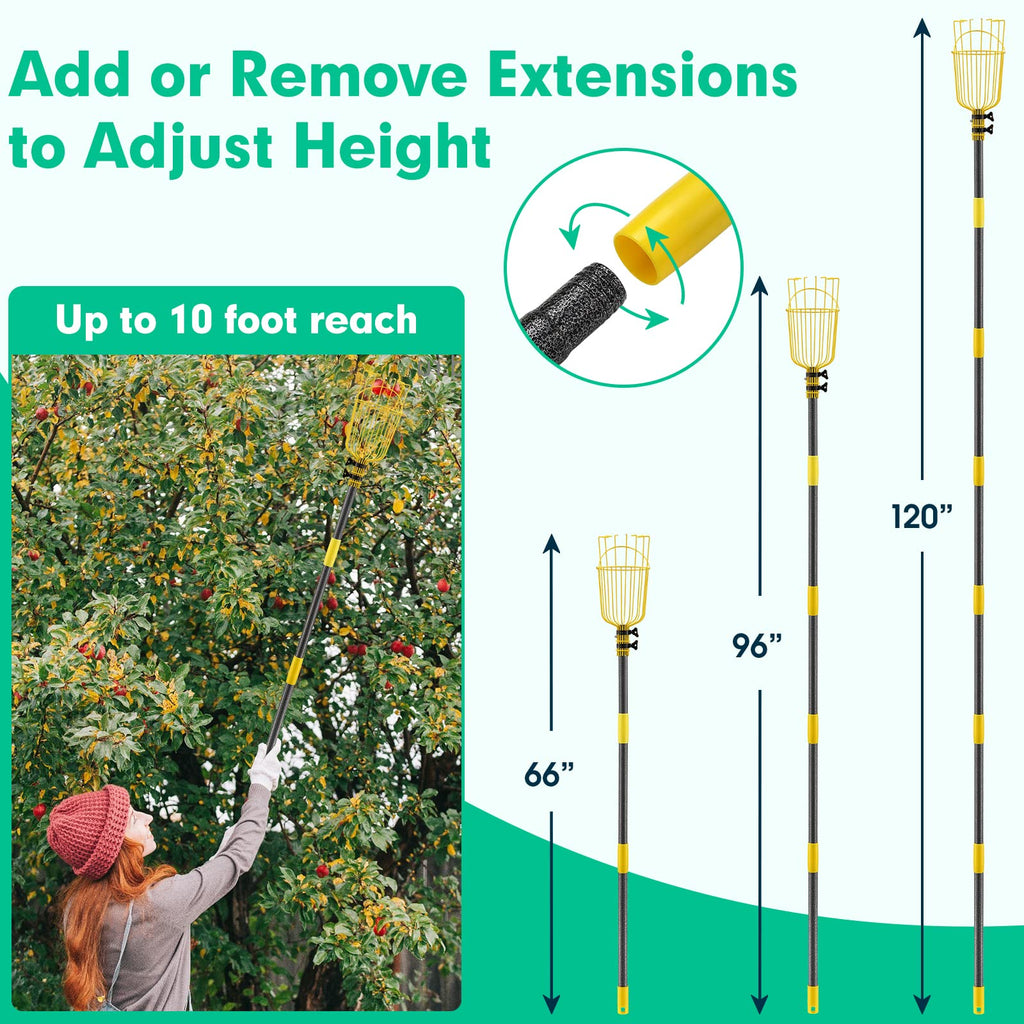 Lilyvane Fruit Picker, 66 Inch Long Heavy Duty Fruit Picker Tool with Fruit Basket, Adjustable Splicing Extension Fruit Picker Pole Fruit Picking Grabber