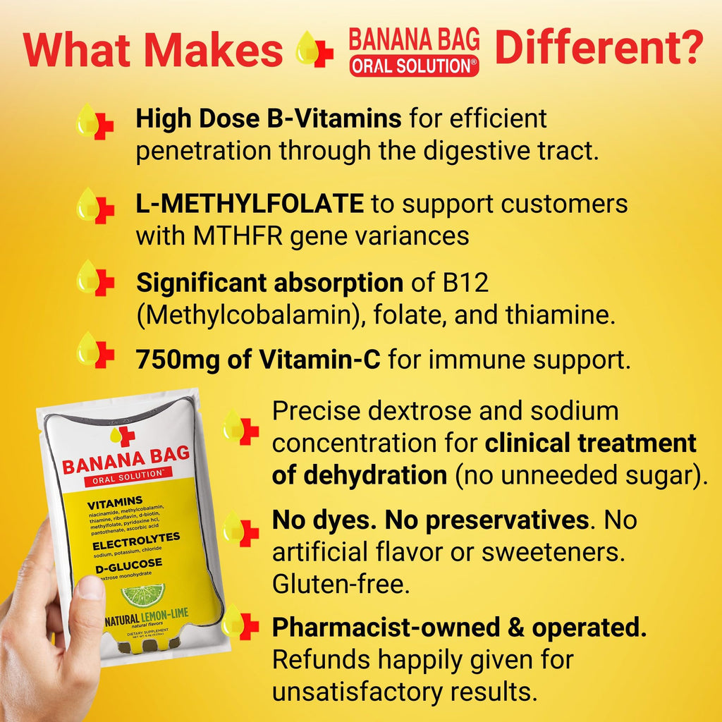 Banana Bag Oral Solution Packets ��� Natural Lemon Lime 5pk | A Refreshing Blend of Electrolytes, Vitamin C, and B-Complex for Daily Hydration and Energy | Perfect for Any Lifestyle.