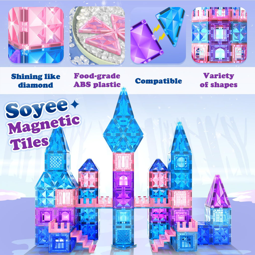 Magnetic Tiles 102pcs with 2 Stairs 2 Dolls Princess Castle Building Girls Toys Age 4-5 6-8 Magnetic Blocks Birthday Xmas Gifts for Girls Toys for 3 4 5 6 7 8+ Year Old