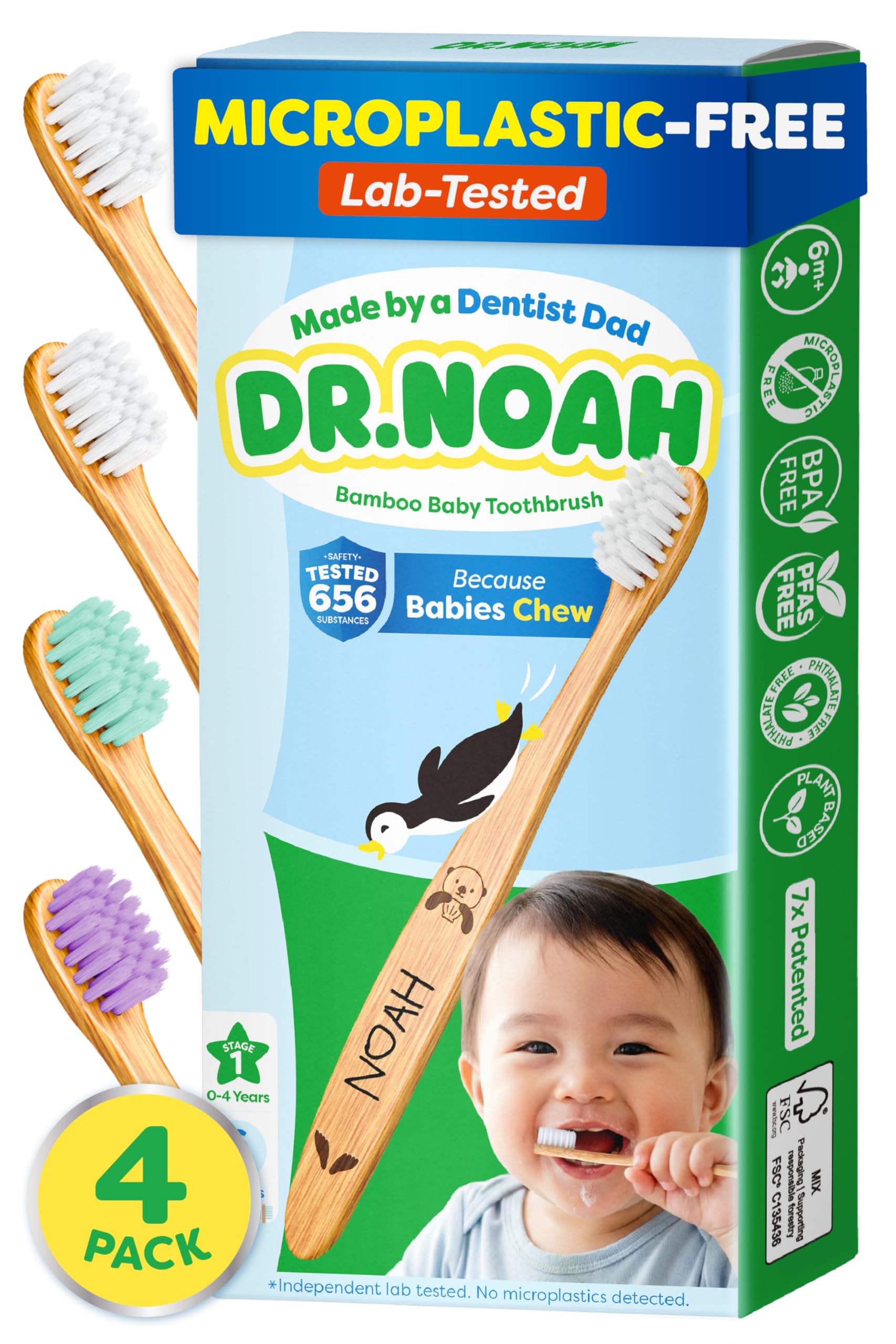 Dr. Noah Microplastic-Free Bamboo Baby Toothbrush | Dentist Designed | 656 Substances Safety Tested | BPA, PFAS & Phthalate Free | 4 Pack |Soft Bristles | Infant to Toddler, 6-12 Months, Age 2-4 Kids