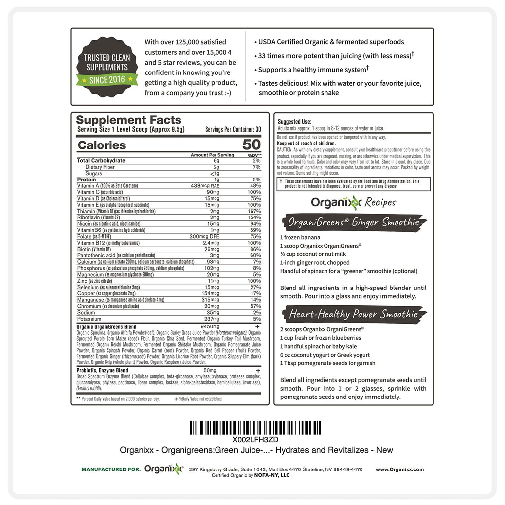 Organixx Greens Superfood Powder with Probiotic Digestive Enzymes, Gluten Free, Vegan, Daily Super Greens Powder Supplement Drink Mix for Gut Health, Immune Support & Energy, Organic, Non GMO, 10 oz