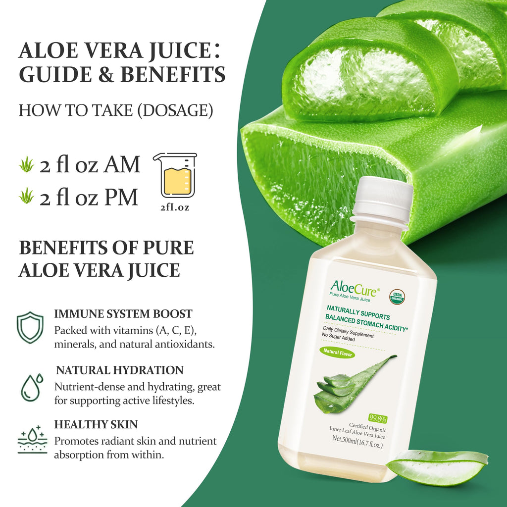 AloeCure USDA Organic Aloe Vera Juice Made Within 12 Hrs of Harvest - Pure Aloe Juice Natural Digestive Supplement to Support Digestion, Immune System and Balanced Stomach Acidity, 18 x 500ml Bottles
