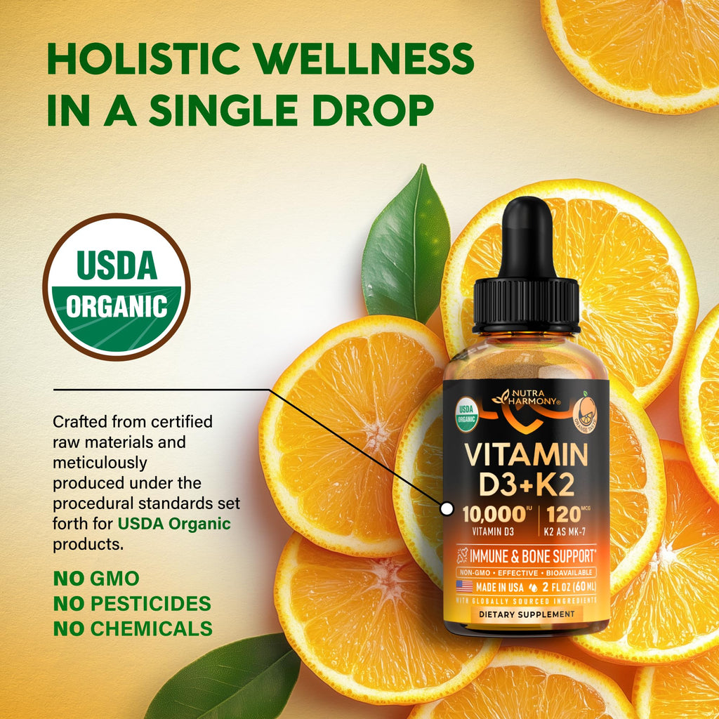Vitamin D3 K2 USDA Organic Drops - Vitamin D3 10000 IU & K2 as MK-7 120mcg - Immune & Mood Support, Bone & Teeth Health - Sugar-Free Orange Flavor - Liquid Supplement - Made in USA - 2 FL OZ, 60 Days