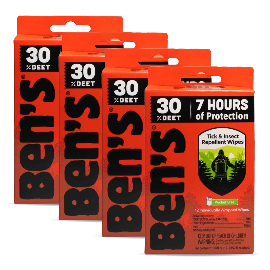 Ben's Tick & Insect Repellent Wipes - 30% DEET for Mosquitoes, Ticks & More - Up to 7 Hours of Protection - Alcohol- & Fragrance-Free - 12 Wipes (4 Pack)