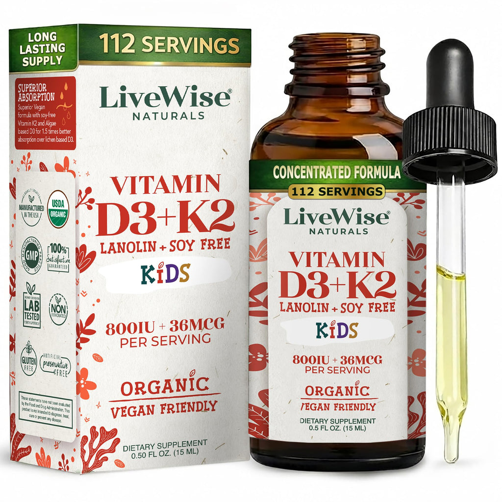 Live Wise Naturals Vitamin D3 K2 Kids Liquid Drops - 112 Servings, Ultra Concentrated Formulation, Fast Absorption 800 IU & 35 MCG for Calcium & Bone Support - Daily Nutritional Support Parents Trust