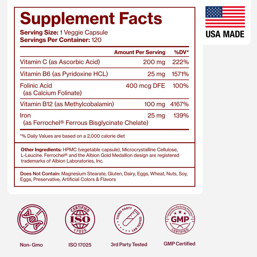 Iron Supplement for Women - Gentle Chelate Iron Bisglycinate 25mg with Vitamin C, B6, B12 Folic Acid – Supports Iron Deficiency, Menstrual Health & Energy - 120 Count