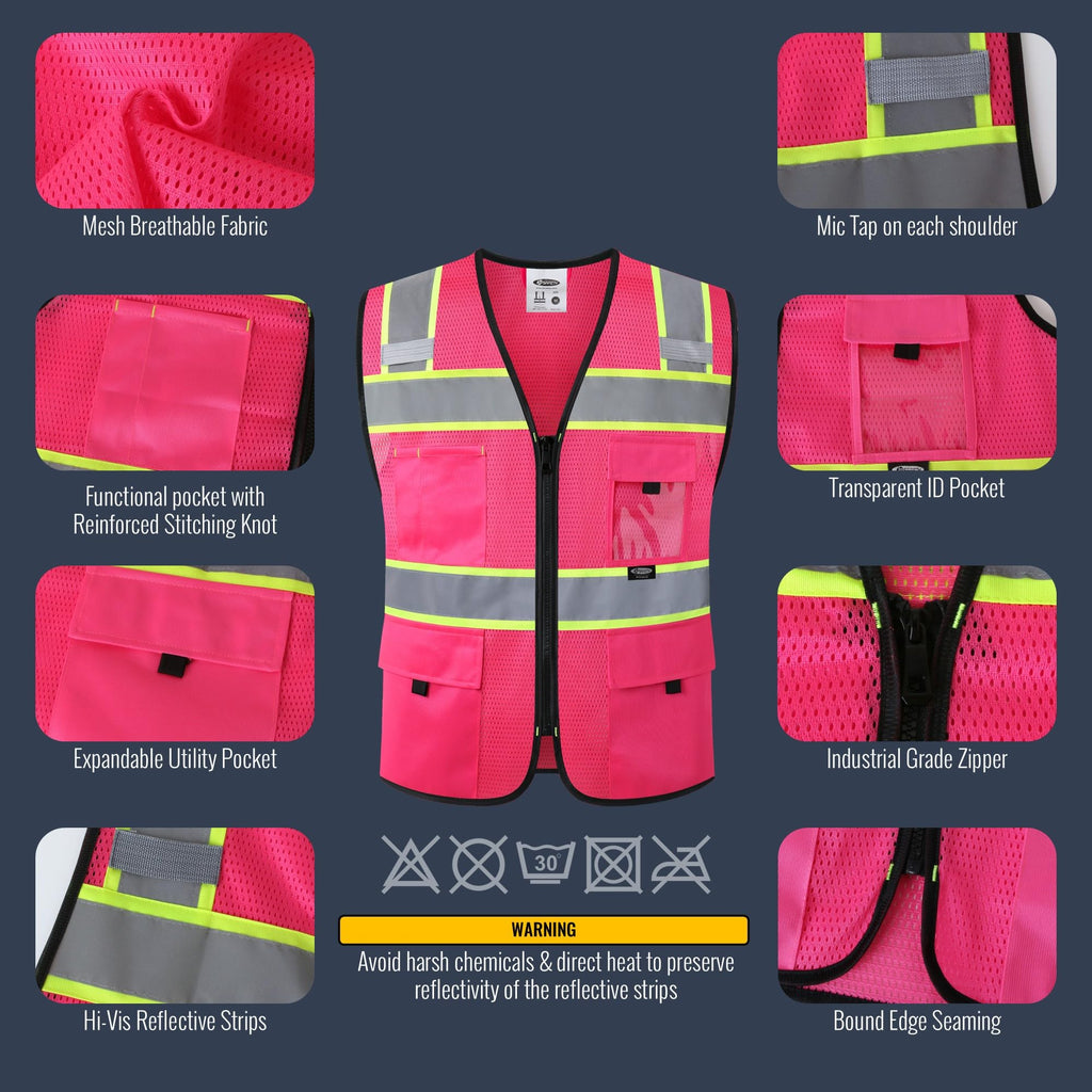 JKSafety Safety Vest for Men Women Hi Vis Relfective Vest with Pockets High Visibility Meet ANSI Standard Pink Color with Extended Yellow Strips (BX331-Pink XL)