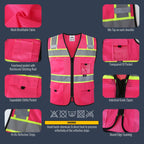 JKSafety Safety Vest for Men Women Hi Vis Relfective Vest with Pockets High Visibility Meet ANSI Standard Pink Color with Extended Yellow Strips (BX331-Pink XL)
