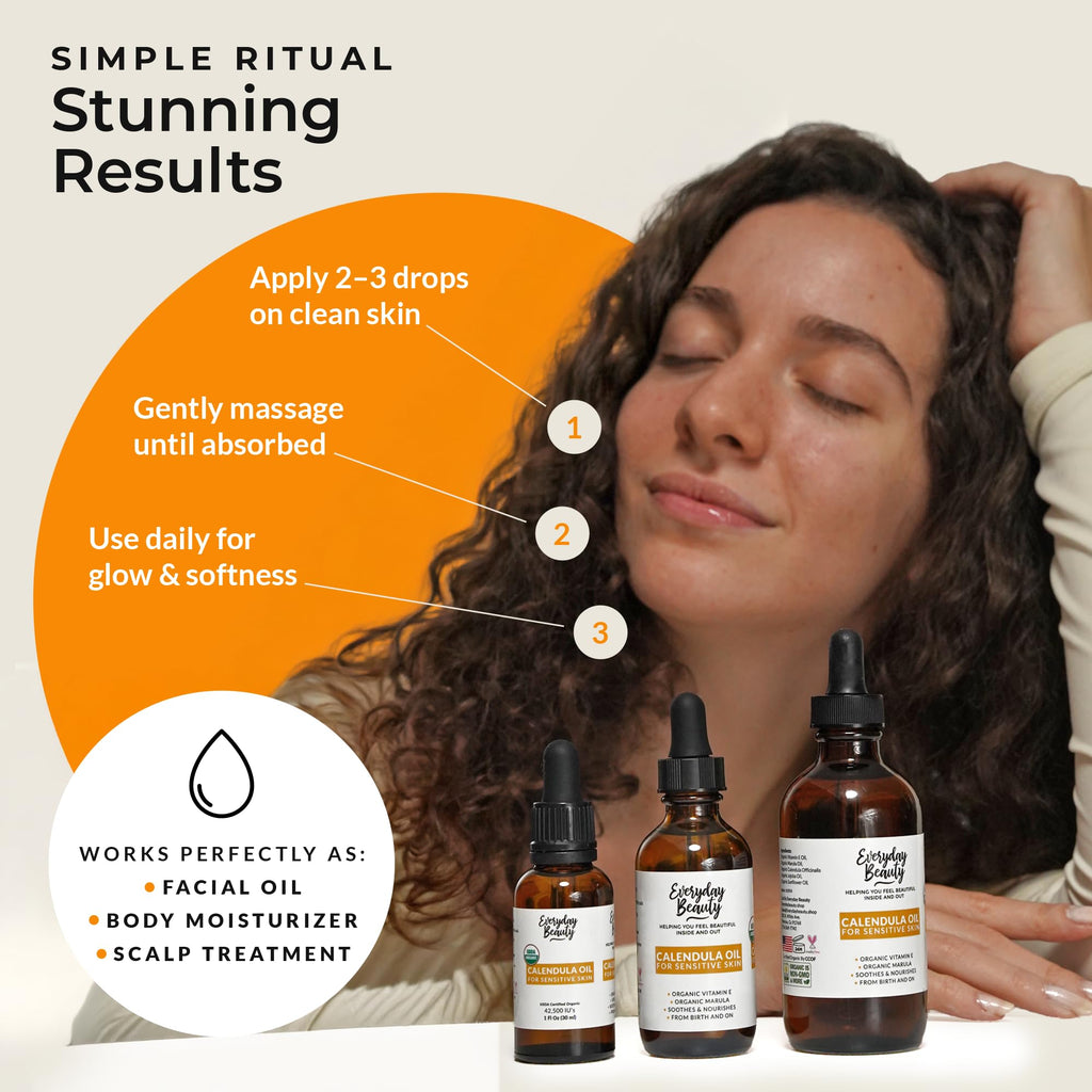 Organic Calendula Oil For Sensitive Skin - USDA Certified 100% Plant Based, Lightweight & Unscented Gentle Soothing Oil For Sensitive Skin - For Face, All Over - Large 4.06 Fl Oz Glass & Dropper