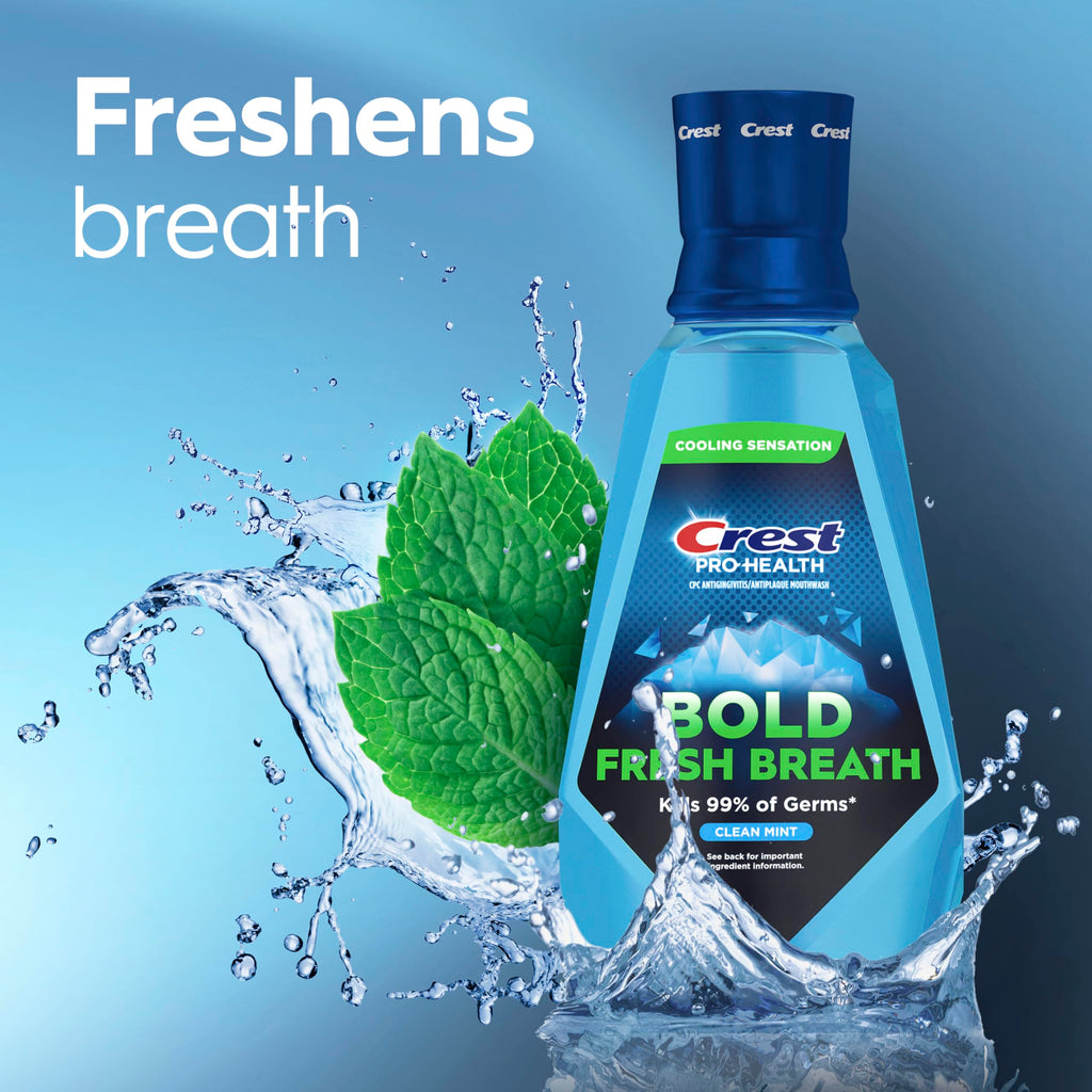 Crest Mouthwash Pro-Health Bold Fresh Breath, 99% Germ Kill, Antigingivitis & Antiplaque, Clean Mint - 1 L (33.8 fl oz), Pack of 2