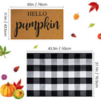 2 Pcs Fall Door Mat Combo Set Imitation Coir Welcome Mat, 43" x 28" Buffalo Plaid Rug Outdoor for Fall Halloween Thanksgiving Rustic Farmhouse Indoor Autumn Mats Hello Pumpkin (Black and White Plaid)
