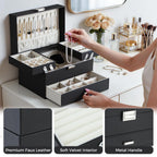 Dajasan Jewelry Organizer Box, Large Jewelry Boxes for Women Girls, Space-Saving 3 Layers Jewelry Storage Case with Drawer, Movable Metal Stand, Modern, Gift Idea (Black)