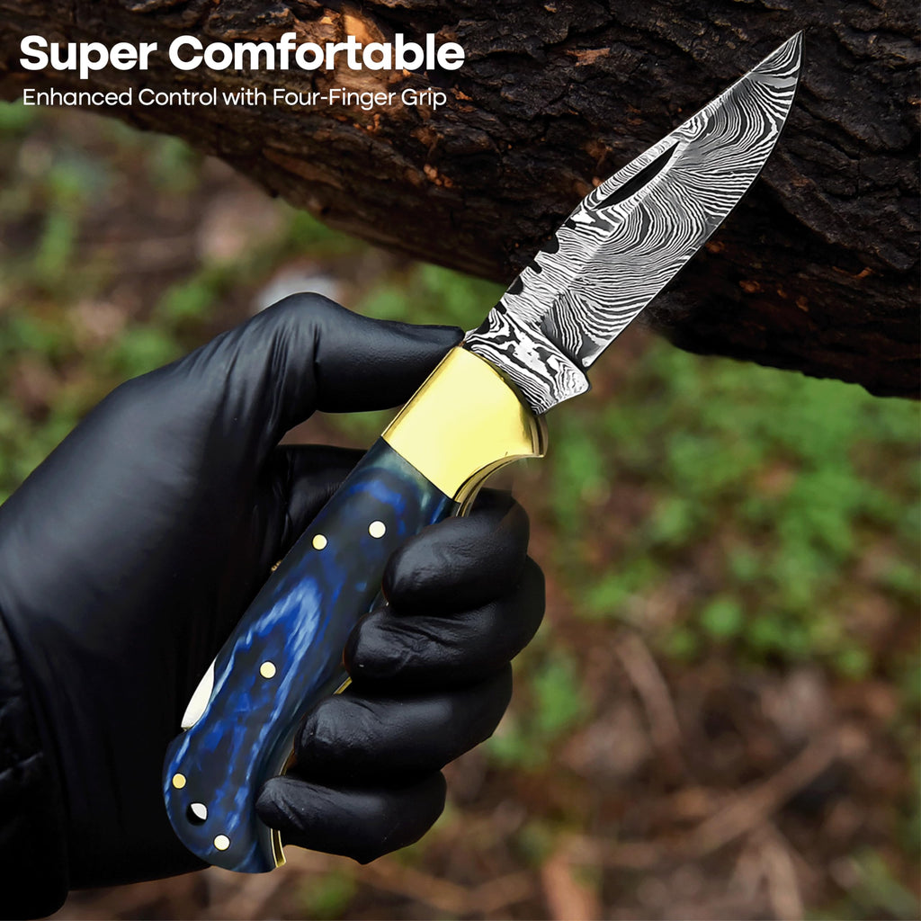 Damascus Pocket Knife for Men Comes with Leather Sheath & Sharpening Rod