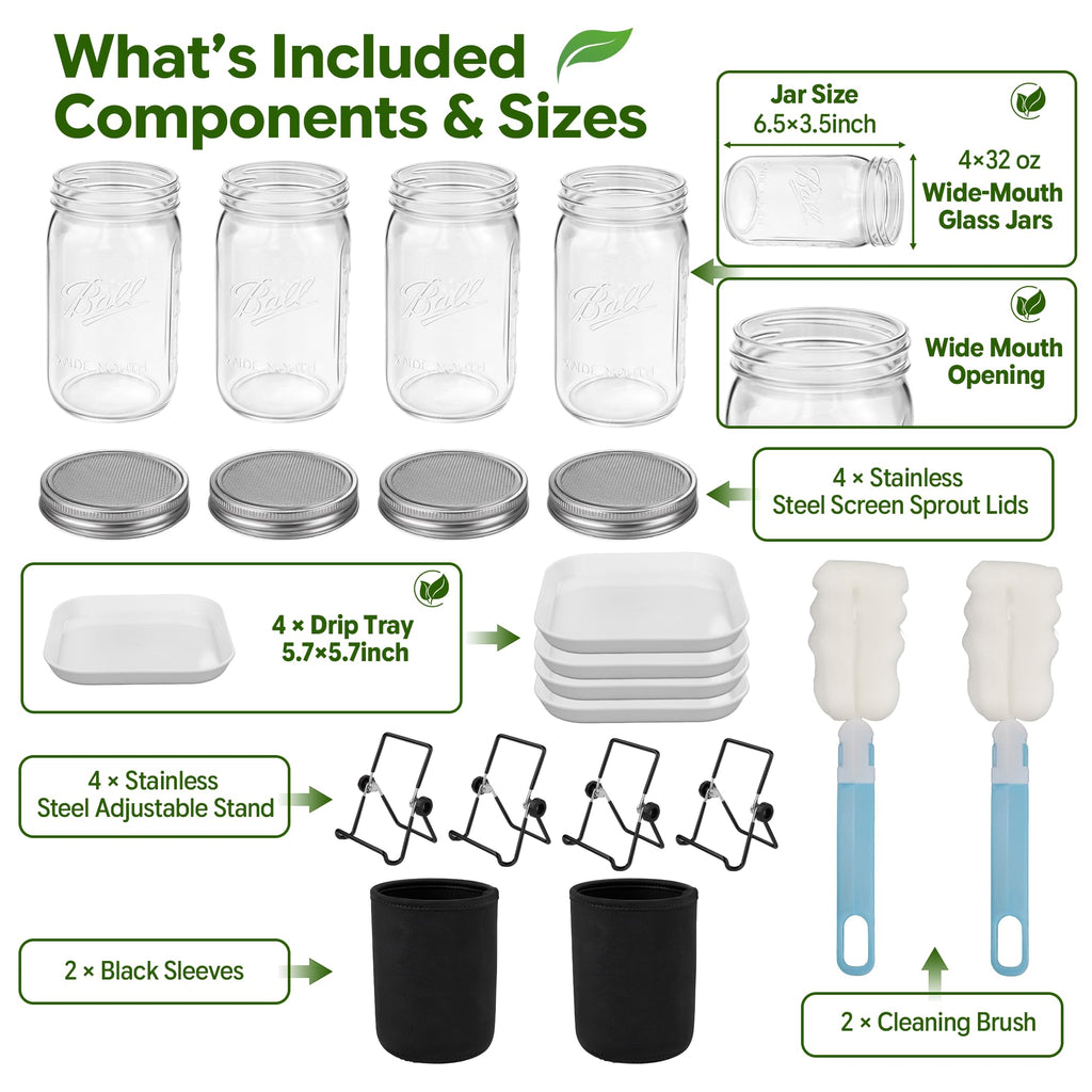 Wnfou 4 Pack Sprouting Jar Kit with Wide Mouth Mason Jars, Sprouting Lids, Stands, Drip Trays and Brushes, Seed Sprouter Set for Growing Broccoli, Mung Bean and Fresh Sprouts for Indoor Kitchen Use