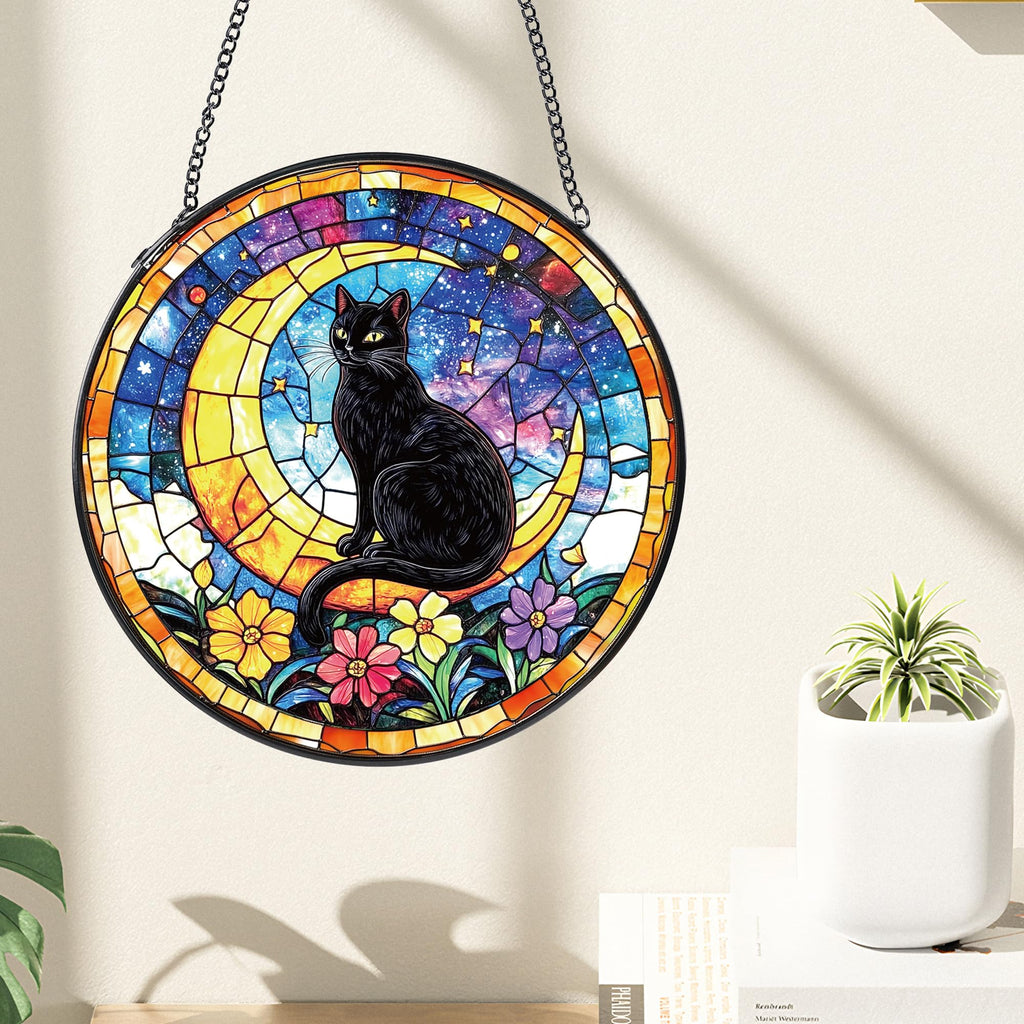 Black Cat Stained Glass Window Hanging, Cat Gifts for Women Moon and Stars Suncatcher with Metal Chain and Hooks, Sun Catcher Glass Art for Indoor Window Decor