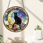 Black Cat Stained Glass Window Hanging, Cat Gifts for Women Moon and Stars Suncatcher with Metal Chain and Hooks, Sun Catcher Glass Art for Indoor Window Decor