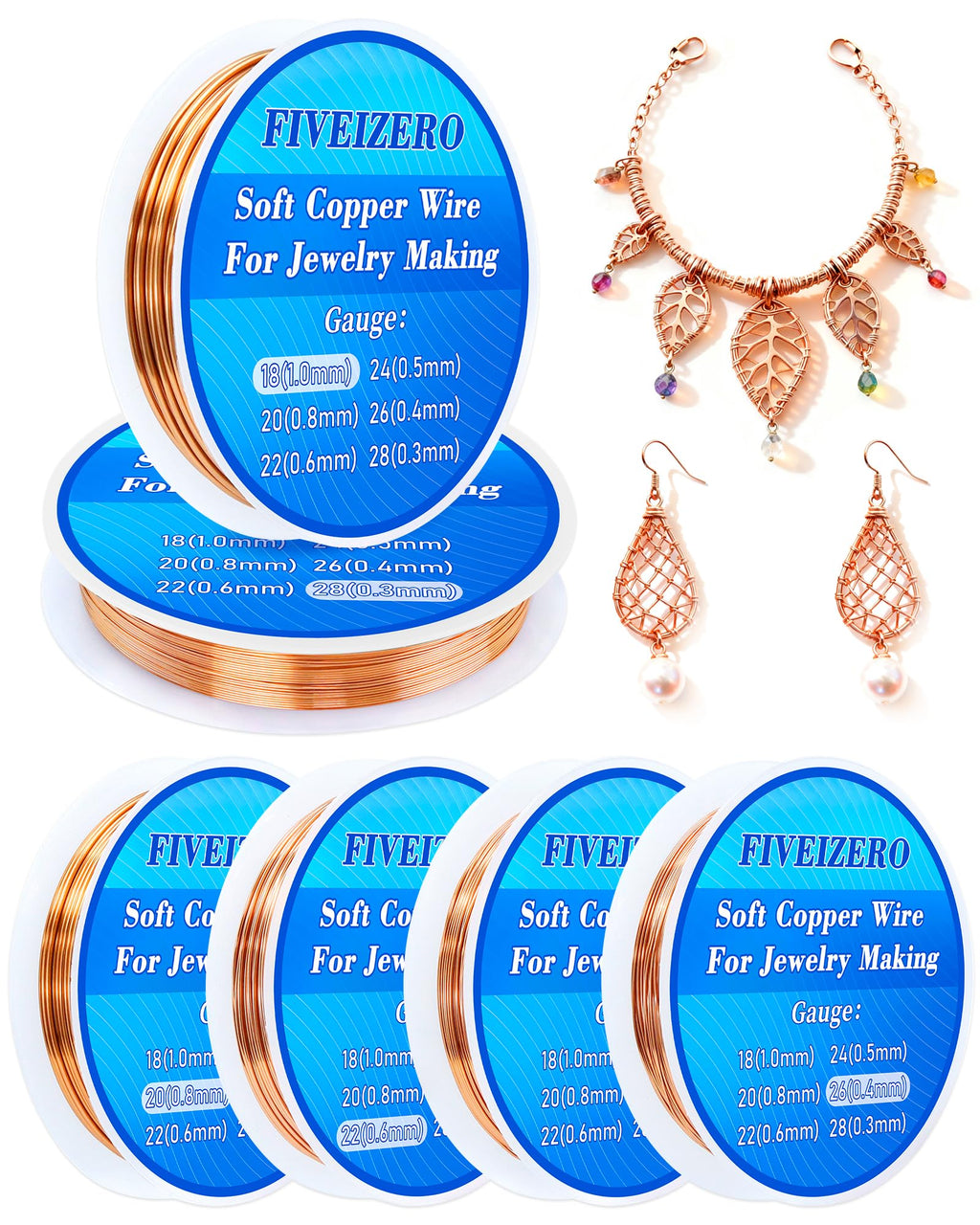 FIVEIZERO 6 Rolls 6 Size Jewelry Making Copper Wire Kit - 18/20/22/24/26/28 Gauge Pure Dead Soft Bare Copper Wire for Electroculture Gardening, Crafting, Beading, Sculpting