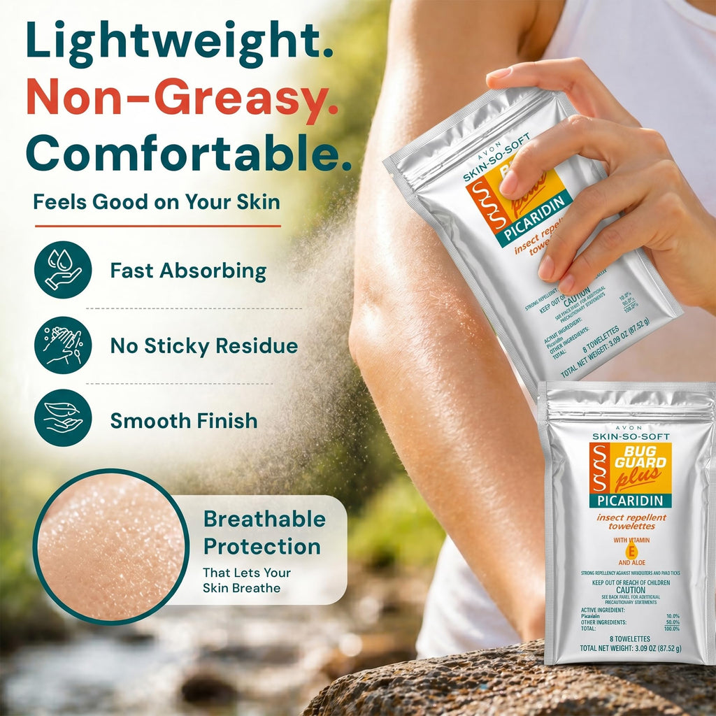 AVON Skin So Soft Bug Guard Plus Picaridin Insect Repellent Towelettes – DEET-Free Mosquito Repellent Wipes with Vitamin E & Aloe, Mosquito & Tick Protection, Individually Wrapped,16 CT EPA ID: 806-30
