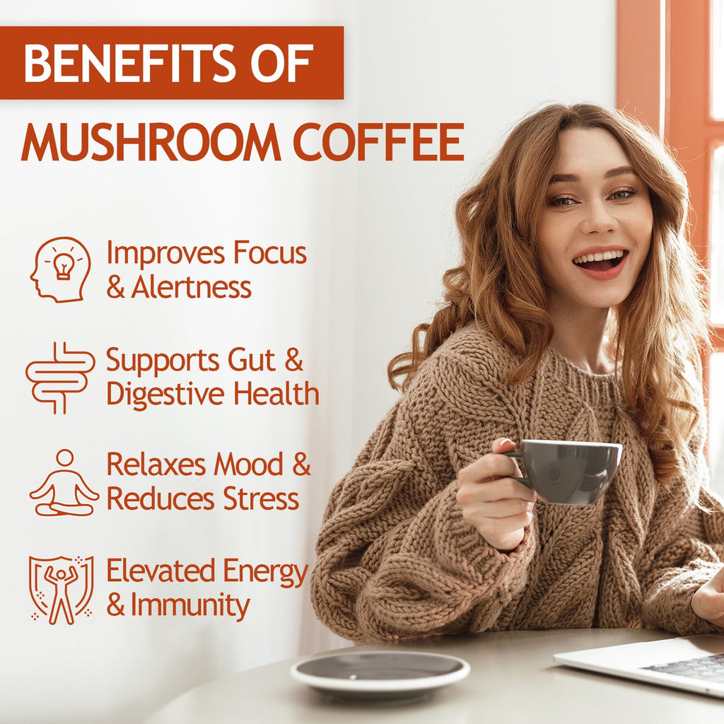 GRGTP Mushroom Coffee - Superfood Blend with 6 Adaptogens Jitter-Free Energy, Enhanced Focus, Digestion & Immunity Support | 90 Servings, Vegan, Gluten Free, Non-GMO | Smooth Flavor