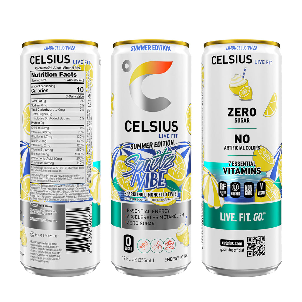 CELSIUS Sparkling Spritz Vibe Summer Edition, Sugar Free Energy Drink, 12 Fl Oz (Pack of 12)