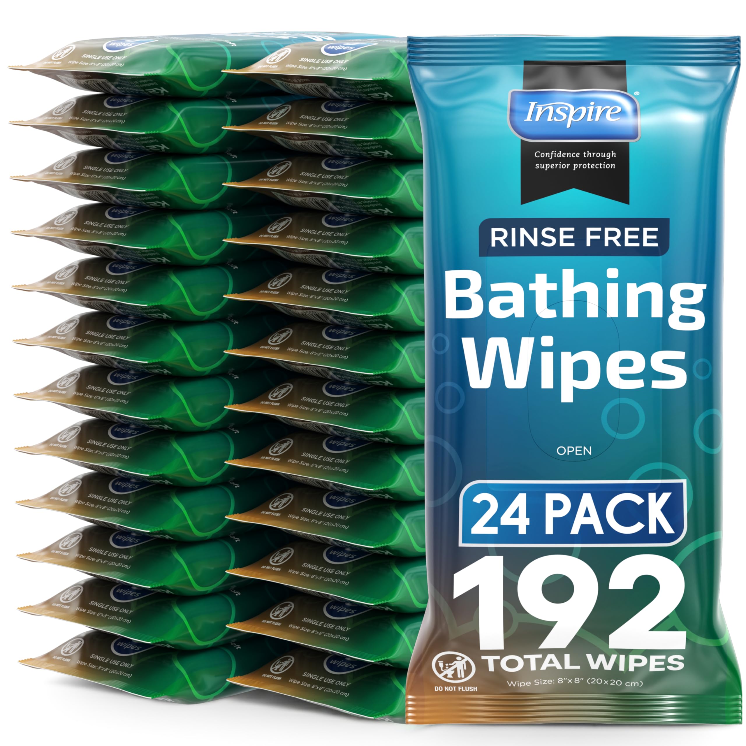 Body Wipes for adults bathing Rinse Free | Adult Wash Cloths Extra Large, Bathing Wipes for Incontinence, 8"x 8" In (192 count Bulk Pack) | By Inspire