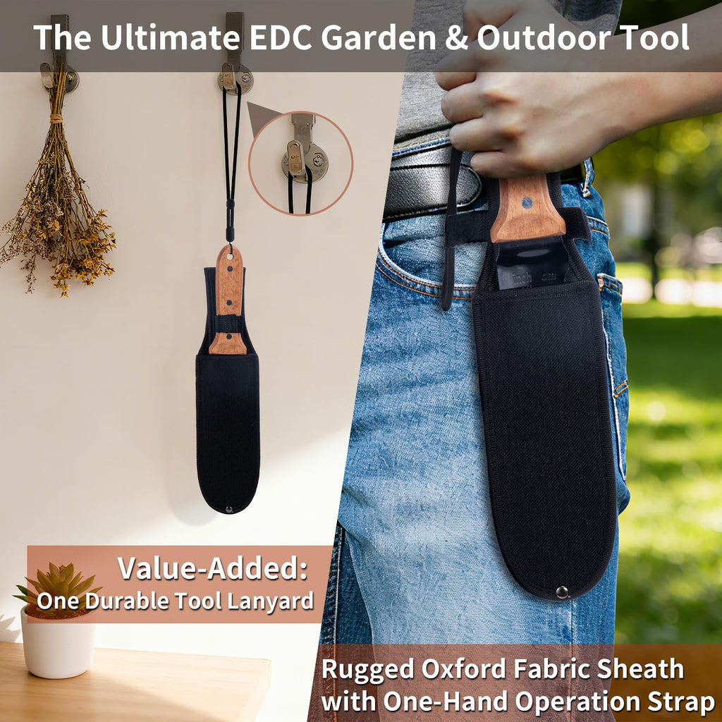 YANG Hori Hori Garden Knife, 7" Stainless Steel Gardening Knife with Oxford Cloth Sheath, Full Tang Beechwood Handle Garden Tool for Dividing Plants & Weeding, Forked Tip for Transplanting
