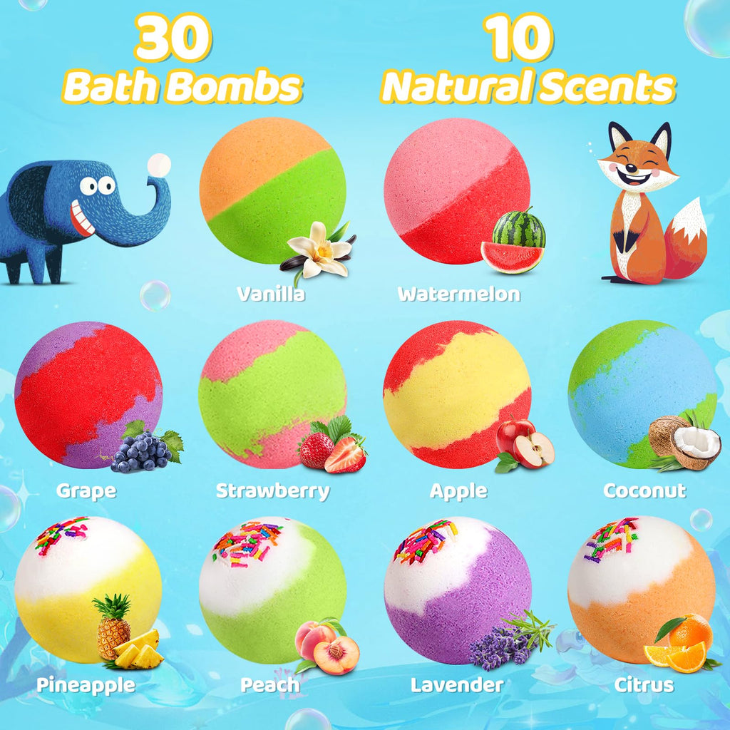 30 Pack Bath Bombs for Kids with Toys Inside, Kid Bath Bombs Gift Set with 30 Sea & Land & Sky Animal Surprise Toys, Stocking Stuffers for Kids Boys Girls, Christmas Gift, Natural Bubble Bath Fizzy