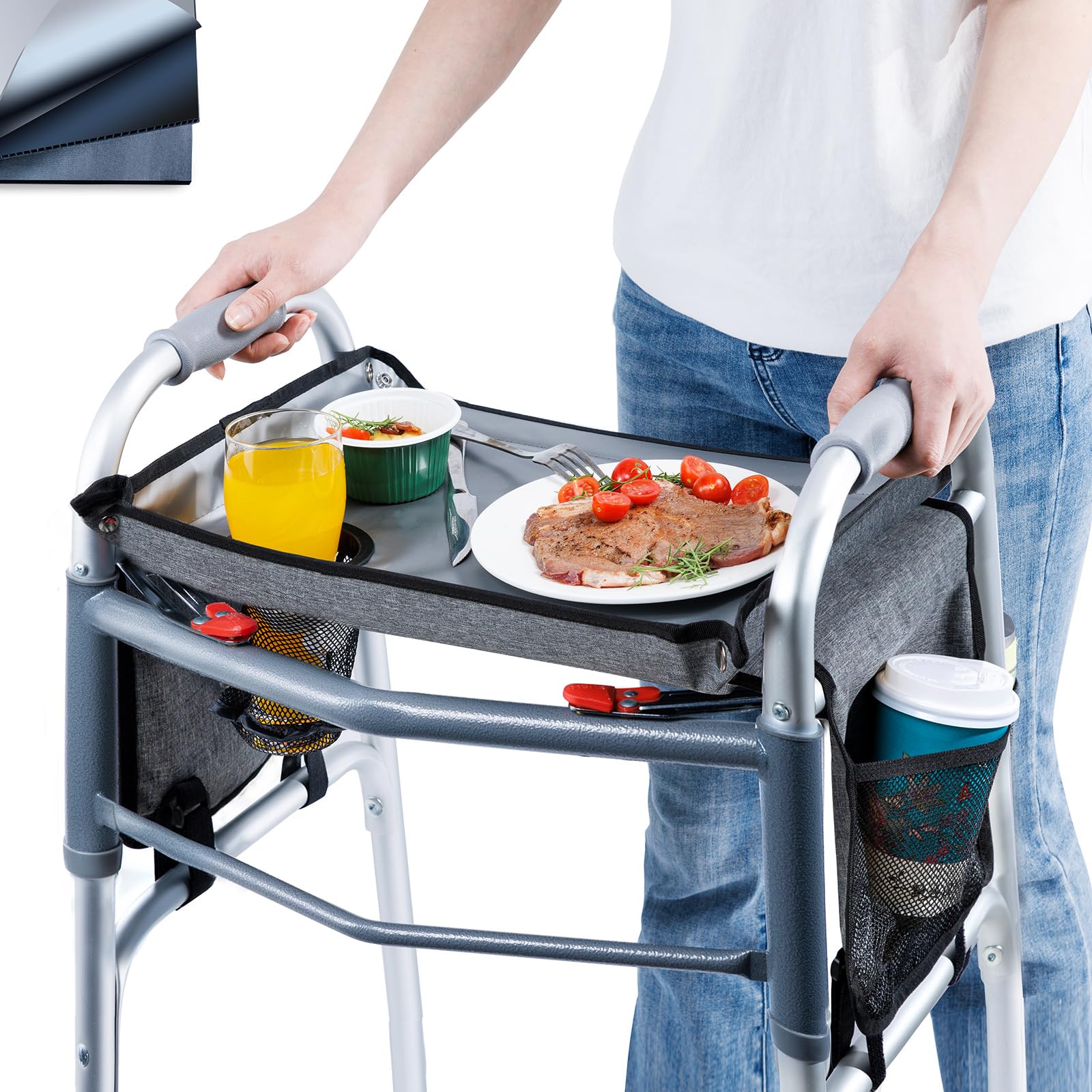 BAGSFY Walker Tray with Cup Holder & Side Pocket – Hard Top Walker Table for Seniors – Folding Walker Accessory for Meals, Reading, Drinks – Non-Slip Surface, Tool-Free Install, Universal Fit